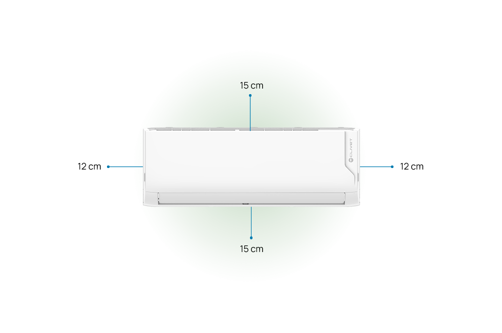 Einzuhaltende Abstände 12 cm an den Seiten, 15 cm oben und unten