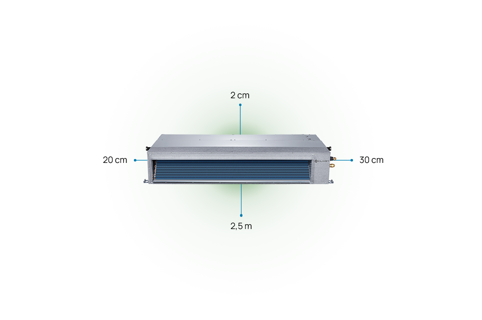 Für DUCT 2 einzuhaltende Abstände: 20 und 30 cm seitlich, 2 cm oben und 2,5 m unten