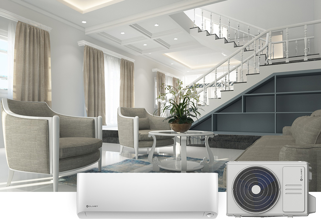 Modernes Wohnzimmer mit einem Innen- und Außengerät eines Split-Systems.
