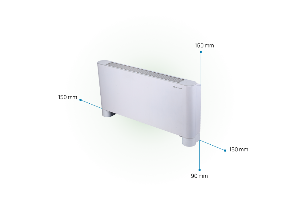 Einzuhaltende Abstände für das AURA-Gerät: 150 mm auf beiden Seiten, 150 mm oben, 90 mm unten
